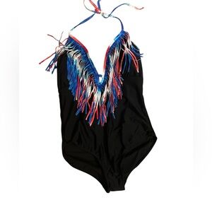 Ocean Pacific Juniors One Piece Swimsuit•Black•Red White Blue Fringe•L 11–13 NWT